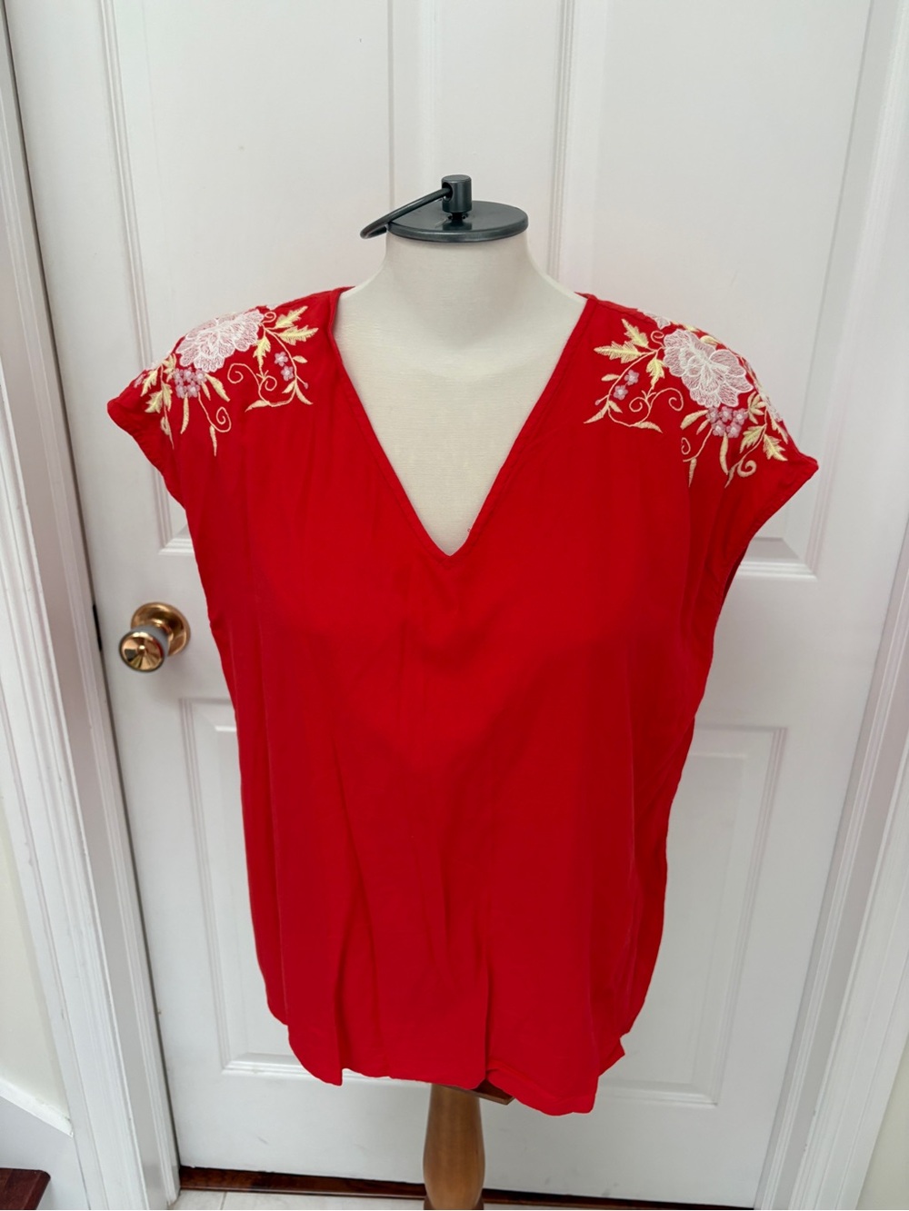 Vero Moda Reddish Orange V-Neck Top with Floral Shoulder Embroidery